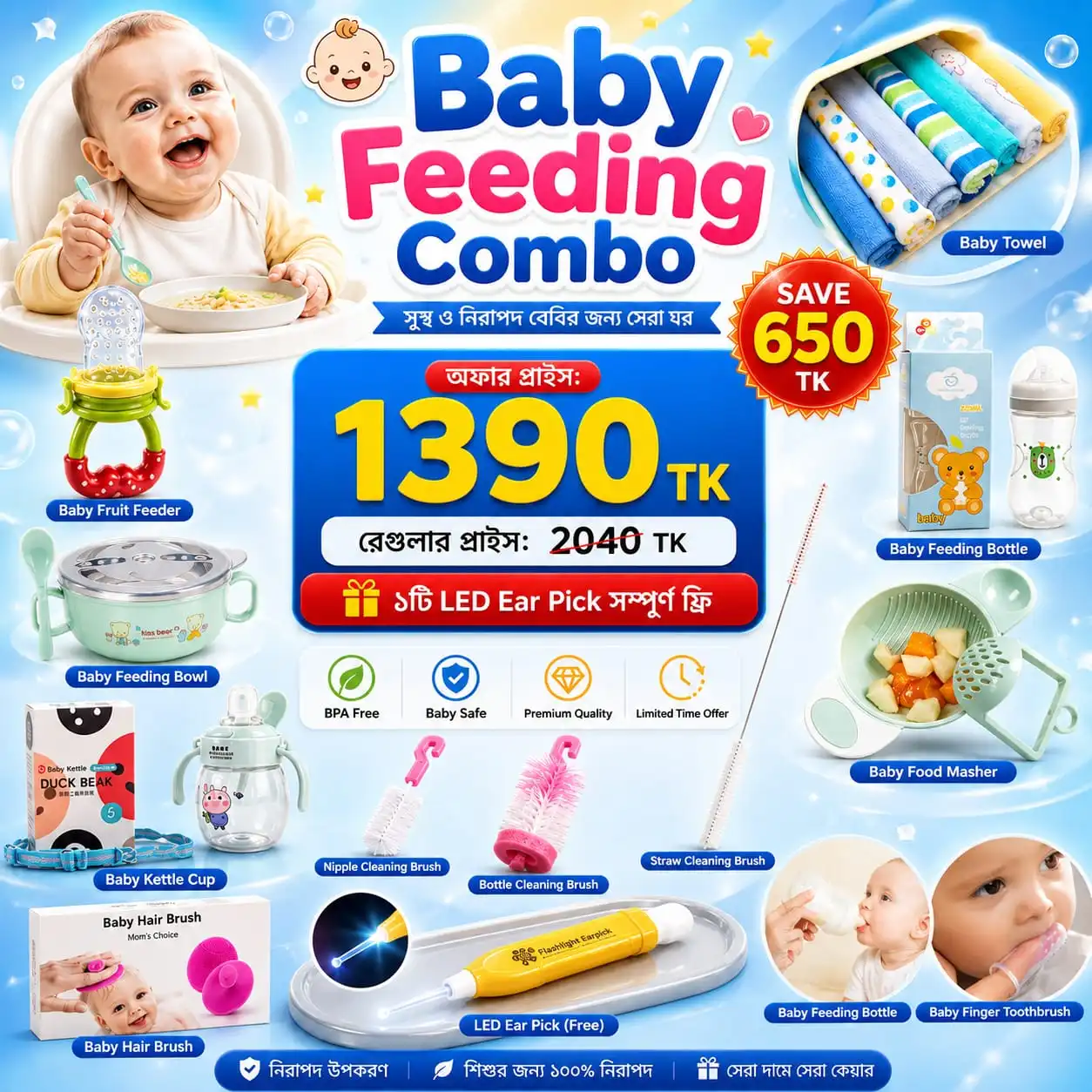Premium Baby Feeding Combo Set | BPA Free Baby Feeding Kit | Feeding Bottle, Bowl, Fruit Feeder & Free LED Ear Pick | Best Baby Feeding Combo Bangladesh